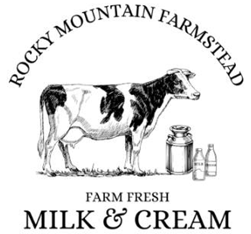 Illustration of a cow next to a milk can and bottles, featuring the text "Rocky Mountain Farmstead - Farm Fresh Milk & Cream" to promote dairy products.